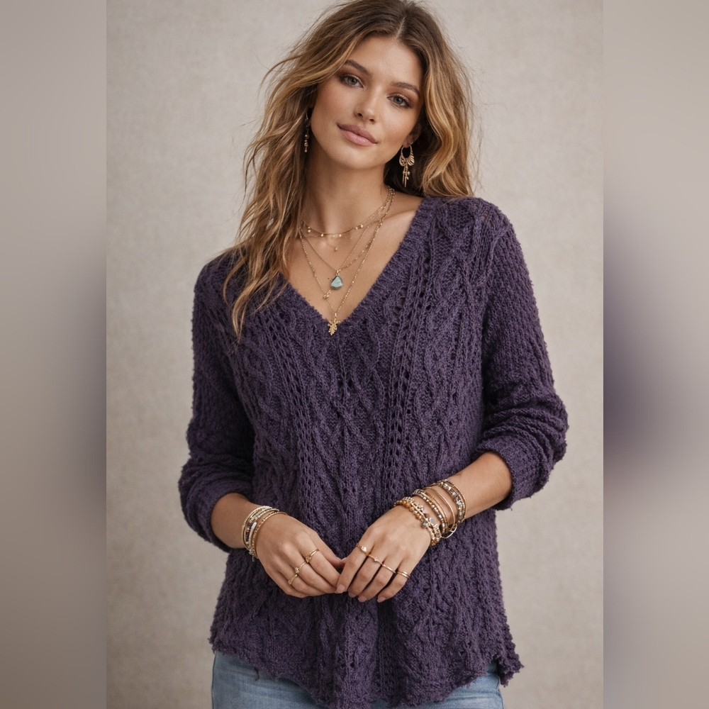 Free People Sz XS Purple Knit Crochet Tunic Length Cable Knit V Neck Oversized